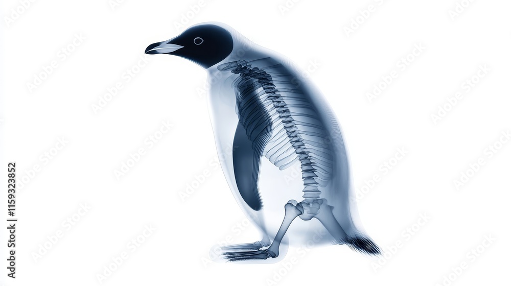 Obraz premium Detailed X-ray Image of a Penguin Skeleton Revealing Internal Structure, Anatomy, and Unique Characteristics of Penguin Species in a Transparent Style