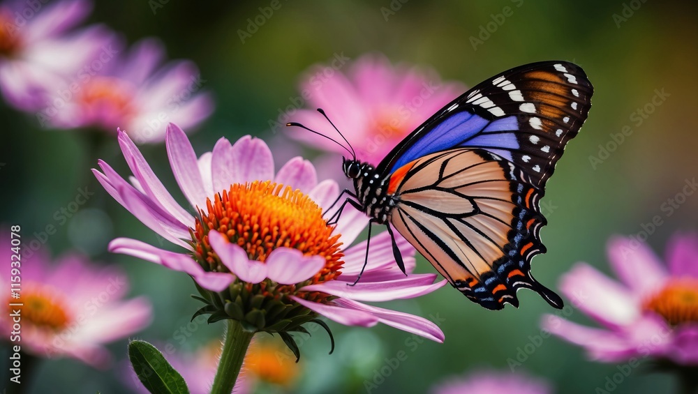 Fototapeta premium A stunning butterfly perched on a vibrant flower, capturing the beauty of nature and the delicate balance of pollination in a serene garden setting