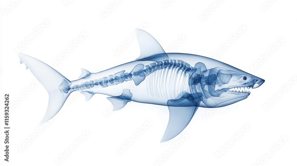 Naklejka premium Anatomical X-ray Imagery of a Shark, Showcasing Internal Structures and Features, Perfect for Educational and Marine Life Studies
