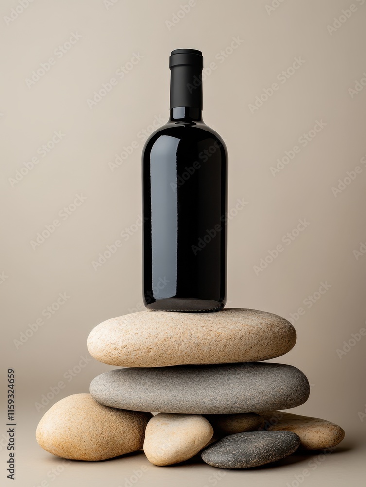 Black bottle placed on smooth beige stones against a neutral background creating a serene and elegant aesthetic Black bottle placed on smooth beige stones against a neutral background creating a serene and elegant aesthetic