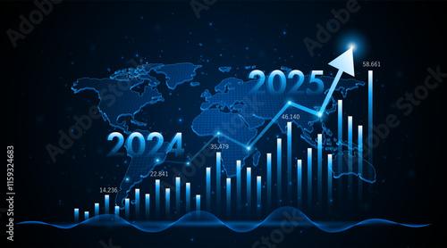 Arrow pointing upwards for future company growth in 2024 to 2025. Stock market graph with rising candles. Ideas for growing a profitable business or investment	
