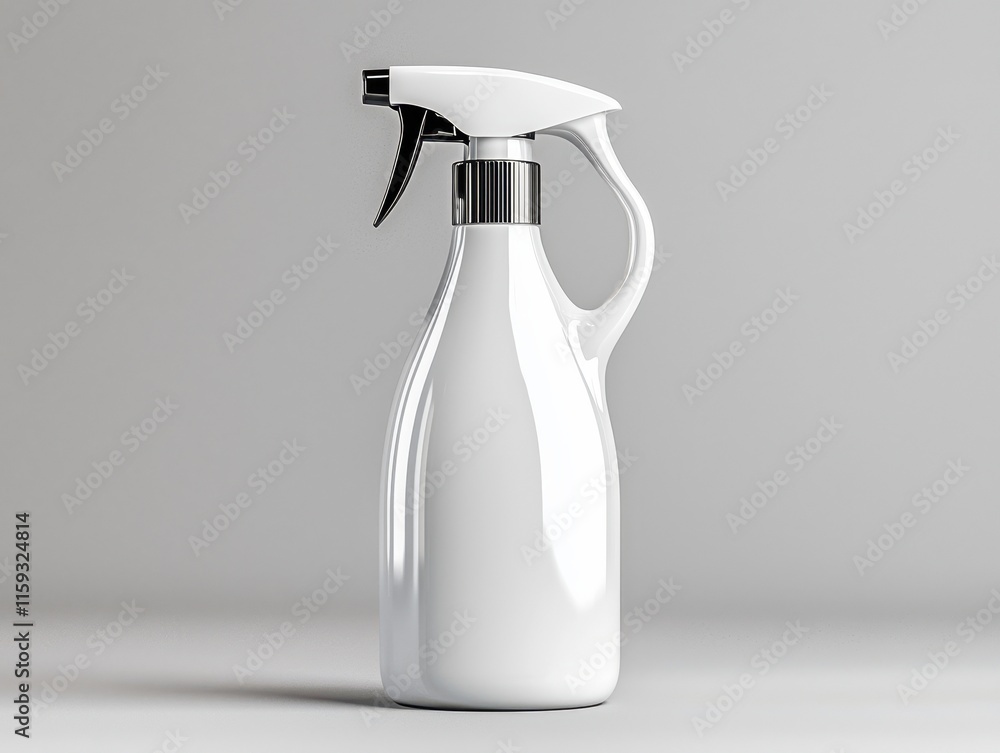 Modern household spray bottle with ergonomic design and minimalist label against neutral background Modern household spray bottle with ergonomic design and minimalist label against neutral background
