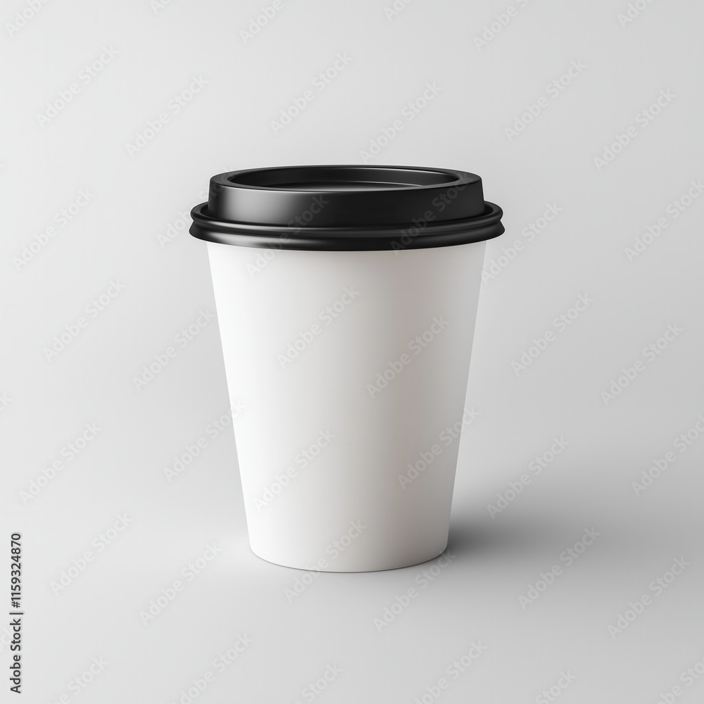 White take away coffee paper cup mock up with black lid on white background. 3d render White take away coffee paper cup mock up with black lid on white background. 3d render