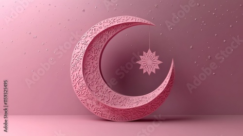 Ornate pink crescent moon with hanging star and subtle background stars. Ramadan Mubarak