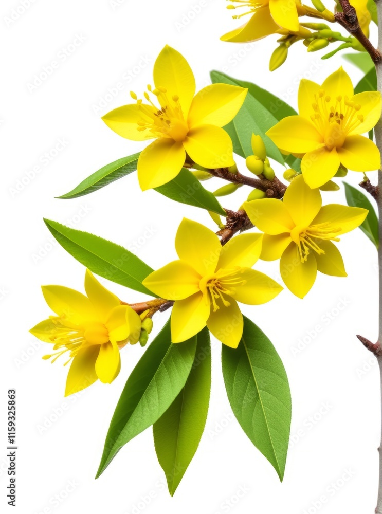Forsythia branch. Bright yellow flowers bloom on a branch with green leaves, showcasing nature's beauty in vibrant detail and harmony Forsythia branch. Bright yellow flowers bloom on a branch with green leaves, showcasing nature's beauty in vibrant detail and harmony