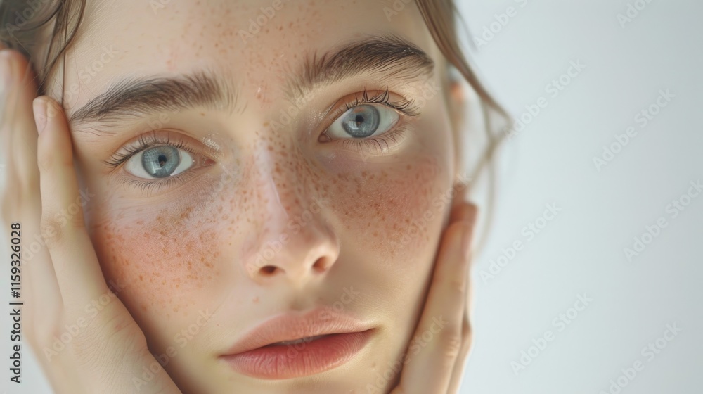 The photo captures the natural beauty and features of a woman's face, with freckles and blue eyes. The photo captures the natural beauty and features of a woman's face, with freckles and blue eyes.