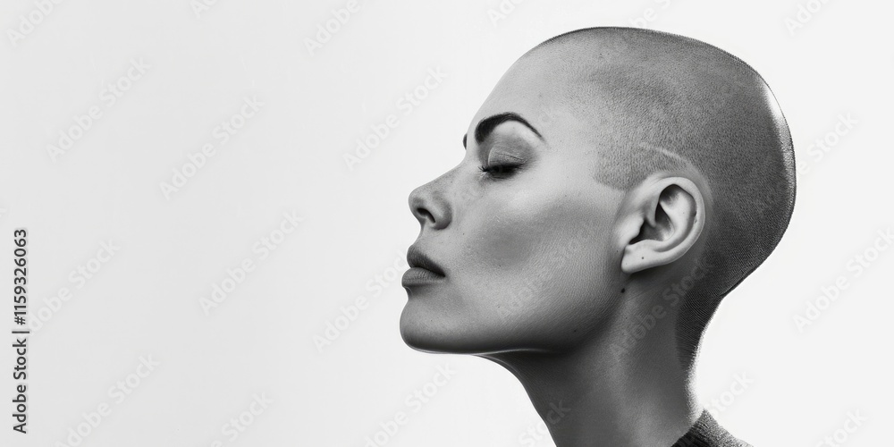 Black and white portrait of a woman with a shaved head, looking contemplative. Black and white portrait of a woman with a shaved head, looking contemplative.
