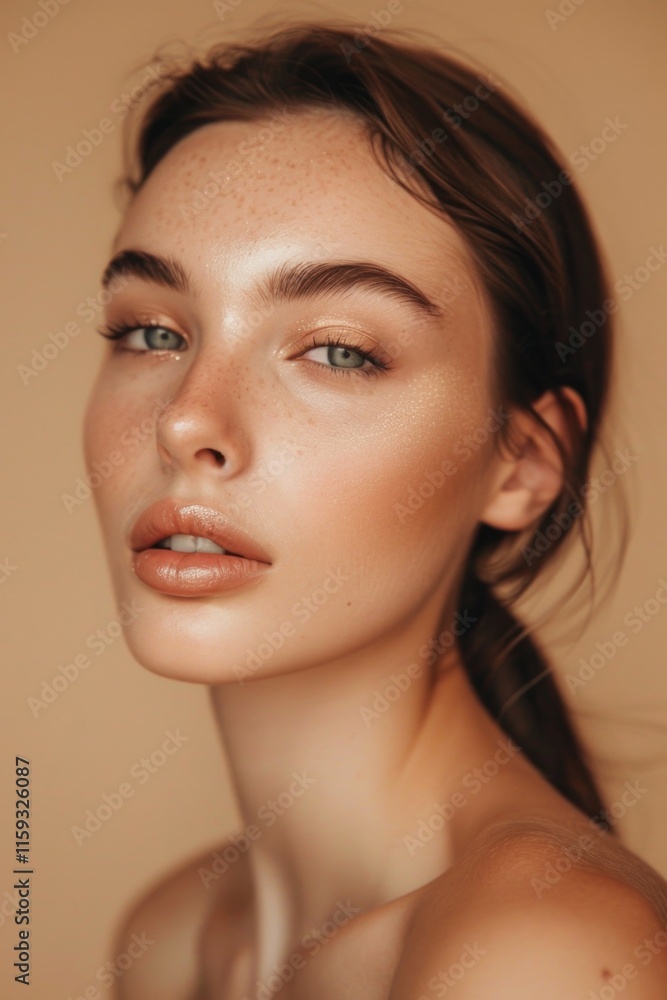 The woman's skin is smooth and her eyes are blue. She has full lips and freckles on her cheeks. The woman's skin is smooth and her eyes are blue. She has full lips and freckles on her cheeks.