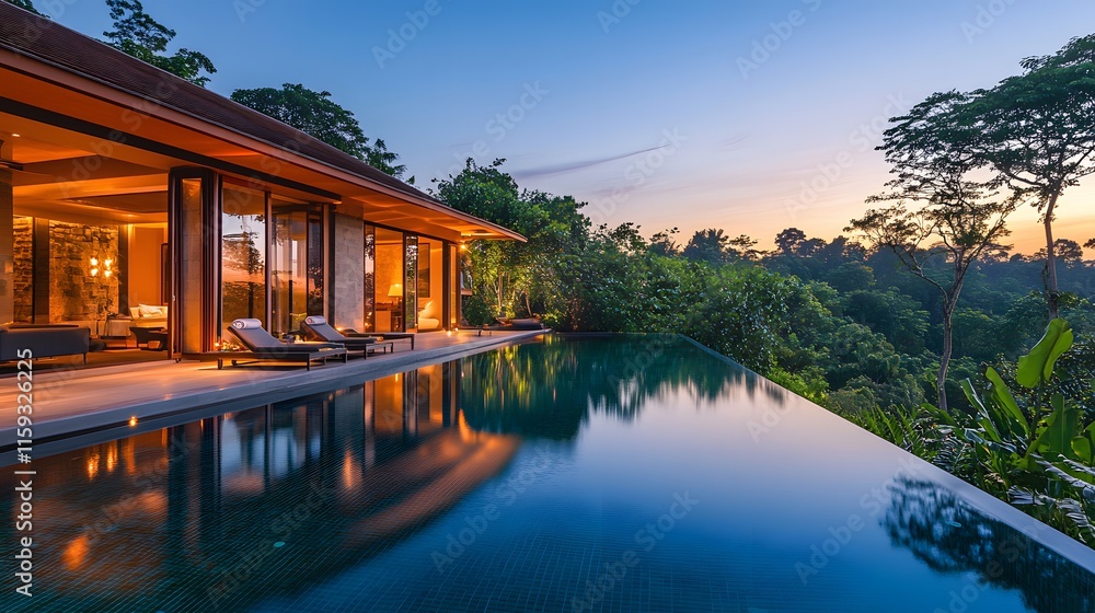 Obraz premium Modern Villa Infinity Pool Jungle Sunset View