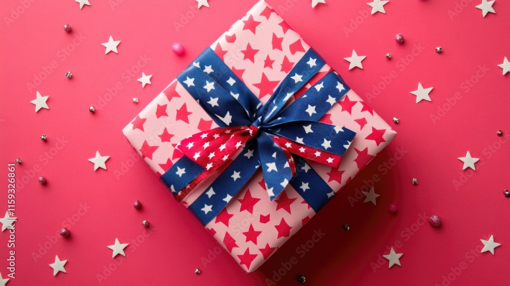 Obraz premium Star patterned gift box with blue ribbon on red background Happy 4th of July, Independence Day USA