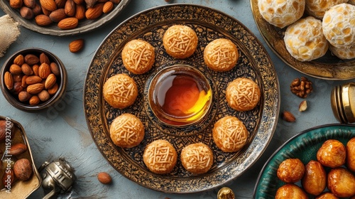 Traditional middle eastern sweets with almonds and honey on decorative plates. Ramadan Mubarak photo