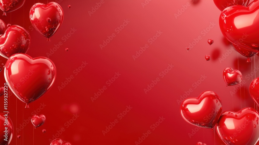 Obraz premium Background of red heart balloons. Festive photo zone for Valentine's Day. Background for cards, banners, invitations, congratulations, volumetric 3D shiny glossy heart-shaped balls