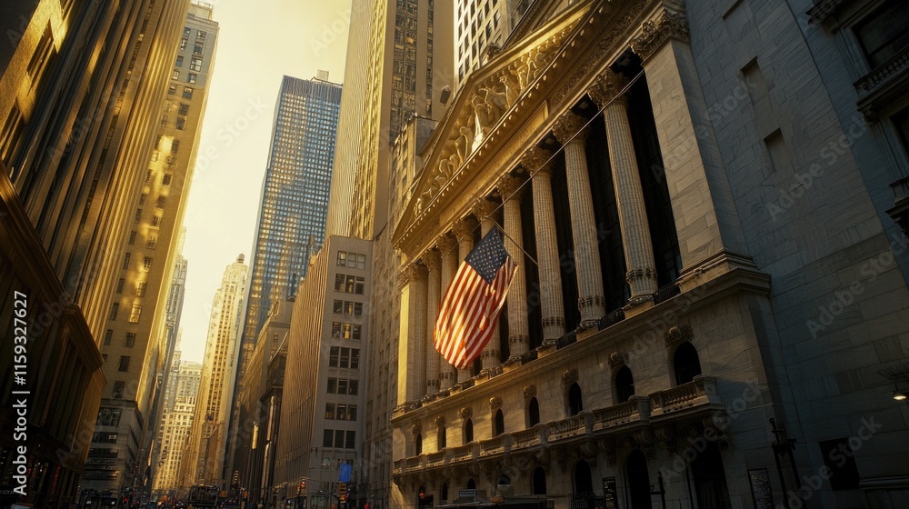 Fototapeta premium New york city financial district at dusk with american flag on historical building Happy 4th of July, Independence Day USA