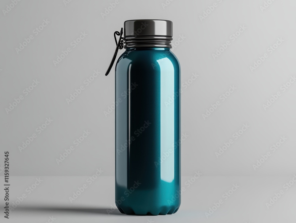 Water bottle design showcasing a sleek, modern style with a glossy teal finish in a minimalist setting Water bottle design showcasing a sleek, modern style with a glossy teal finish in a minimalist setting
