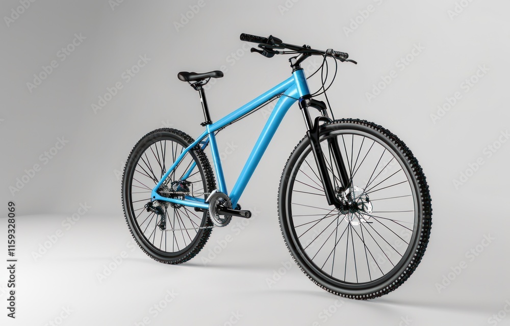Naklejka premium Blue mountain bike, angled view, studio.