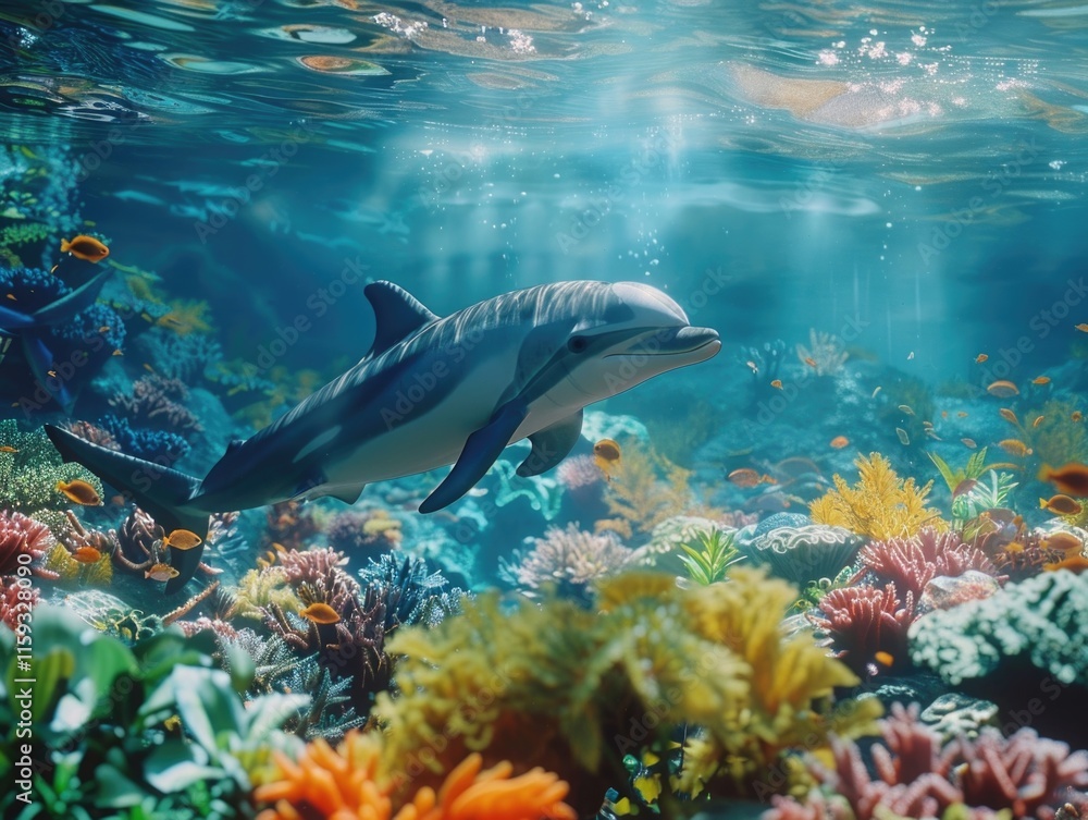 Obraz premium A friendly dolphin swims among coral reefs.