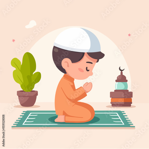 Boy praying on a green rug, suitable for religious and spiritual themes, prayer rituals, mindfulness, faith practices, and spiritual concepts.