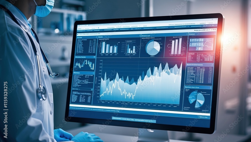 Healthcare professional analyzing medical data on computer screen, showcasing statistics and trends within modern clinical settings Healthcare professional analyzing medical data on computer screen, showcasing statistics and trends within modern clinical settings
