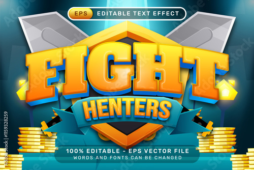 fight hunters 3d text effect with swords shield and gold treasure