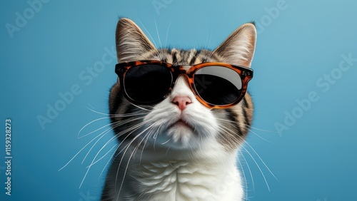 Cool cat wearing sunglasses against blue background, showcasing personality and fun vibe  Perfect for pet lovers and playful themes photo