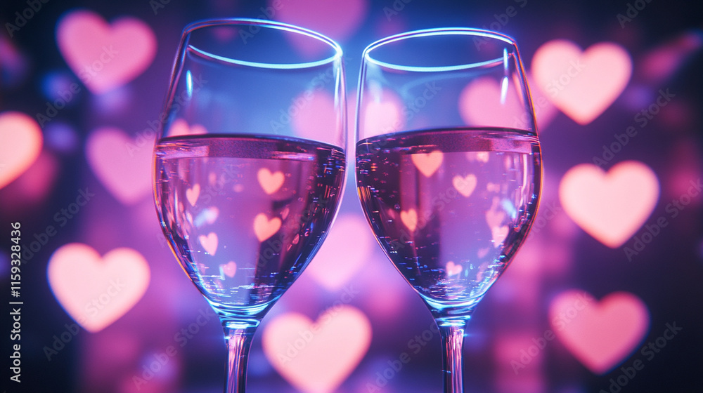A pair of futuristic wine glasses, their rims glowing softly, toasting under a canopy of dim holographic hearts. A pair of futuristic wine glasses, their rims glowing softly, toasting under a canopy of dim holographic hearts.