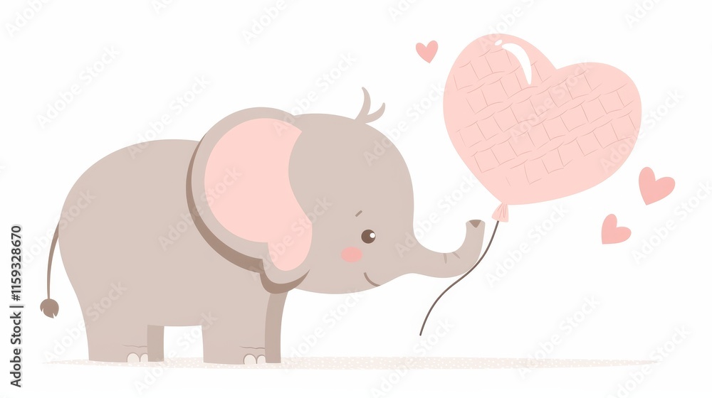 A cute cartoon elephant holding a pink heart-shaped balloon, surrounded by small hearts, symbolizing love and joy. A cute cartoon elephant holding a pink heart-shaped balloon, surrounded by small hearts, symbolizing love and joy.