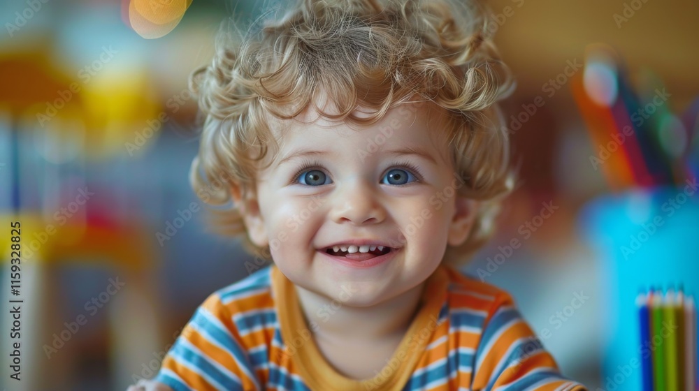 Happy toddler with curly hair enjoys colorful crayons in playful classroom setting Happy toddler with curly hair enjoys colorful crayons in playful classroom setting