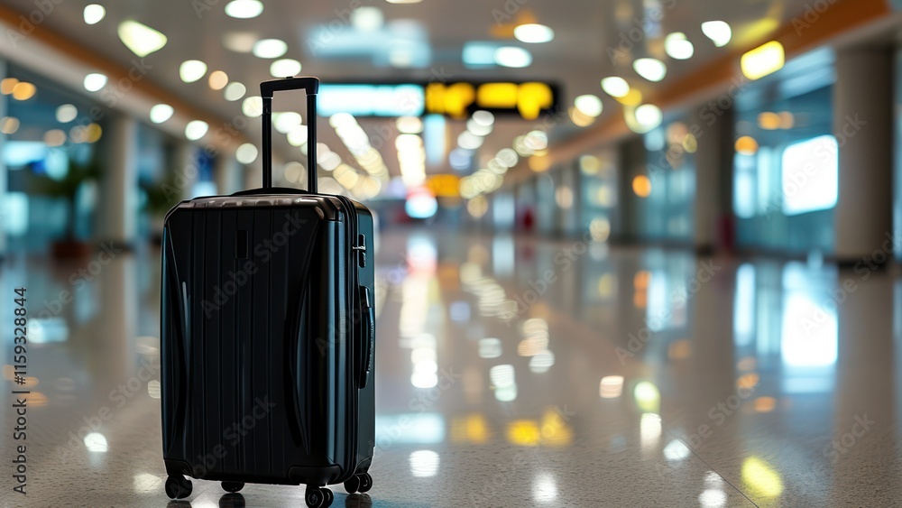 Black suitcase stands alone in empty airport terminal, reflecting modern design and anticipation of travel Ideal for travel and adventure themes Black suitcase stands alone in empty airport terminal, reflecting modern design and anticipation of travel Ideal for travel and adventure themes