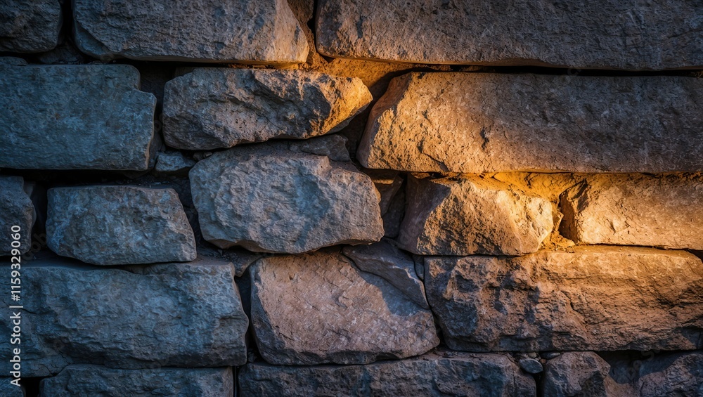 Fototapeta premium Close up view of a rustic stone wall, showcasing intricate textures illuminated by warm light, ideal for architectural and design concepts