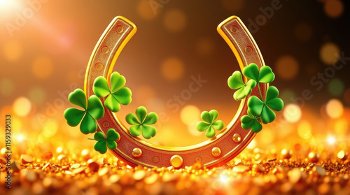 A golden horseshoe surrounded by clovers in a magical forest, symbolizing luck and fortune, perfect for St. Patrick's Day designs, greeting cards, and social media posts. photo