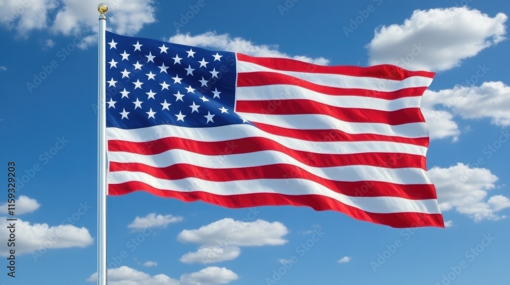 Vibrant american flag waves under clear blue sky with white clouds Happy 4th of July, Independence Day USA Vibrant american flag waves under clear blue sky with white clouds Happy 4th of July, Independence Day USA