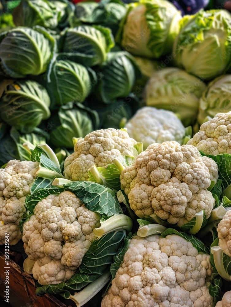 Obraz premium Stacked white cauliflower and green cabbage heads at a market.