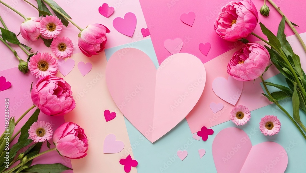 Creative Layout Featuring Pink Flowers and Paper Hearts, Perfect for Valentine's Day, Romantic Celebrations, and Heartfelt Craft Projects Creative Layout Featuring Pink Flowers and Paper Hearts, Perfect for Valentine's Day, Romantic Celebrations, and Heartfelt Craft Projects