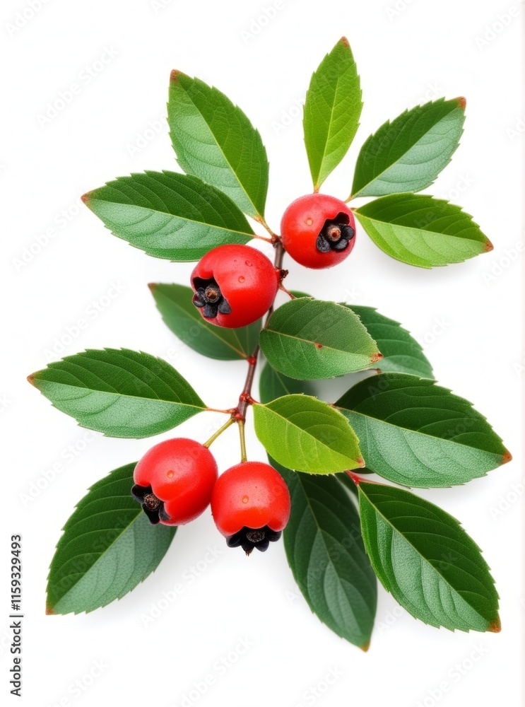 Sprig of Cotoneaster. Vibrant red berries surrounded by glossy green leaves captured in natural light Sprig of Cotoneaster. Vibrant red berries surrounded by glossy green leaves captured in natural light