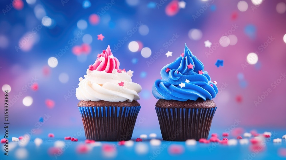 Festive red, white, and blue cupcakes with colorful star sprinkles Happy 4th of July, Independence Day USA Festive red, white, and blue cupcakes with colorful star sprinkles Happy 4th of July, Independence Day USA
