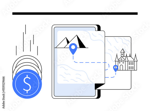Digital map with GPS location guides users from mountains to castle, coins falling beside. Ideal for travel apps, savings planning, financial management, tourism campaigns, budgeting, navigation