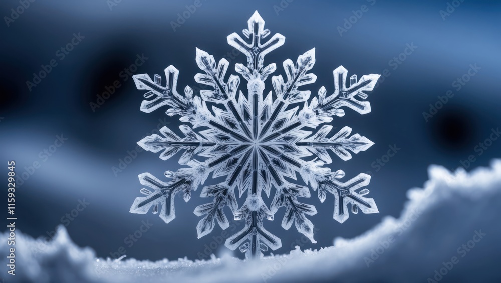 Detailed snowflake resting on snow, showcasing intricate patterns and crystalline structure, evoking a serene and peaceful winter atmosphere Detailed snowflake resting on snow, showcasing intricate patterns and crystalline structure, evoking a serene and peaceful winter atmosphere