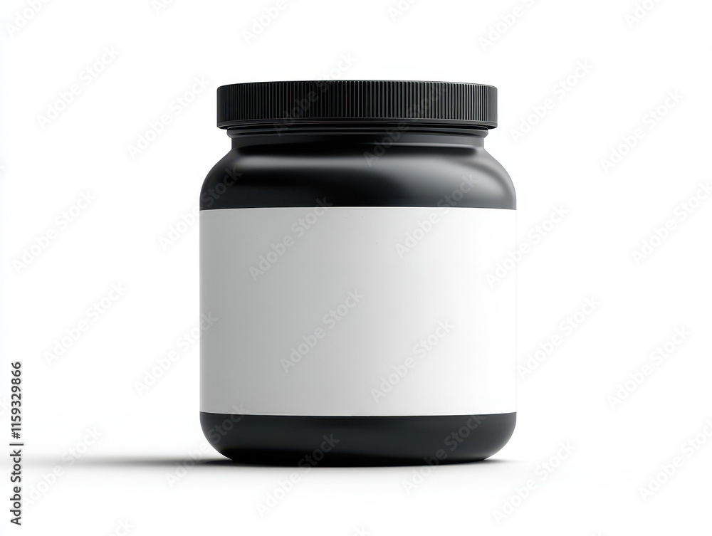 Mockup of a white label whey protein container 1kg on a white background for nutrition branding Mockup of a white label whey protein container 1kg on a white background for nutrition branding