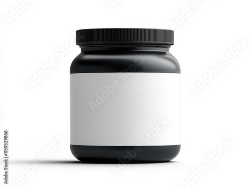 Mockup of a white label whey protein container 1kg on a white background for nutrition branding photo