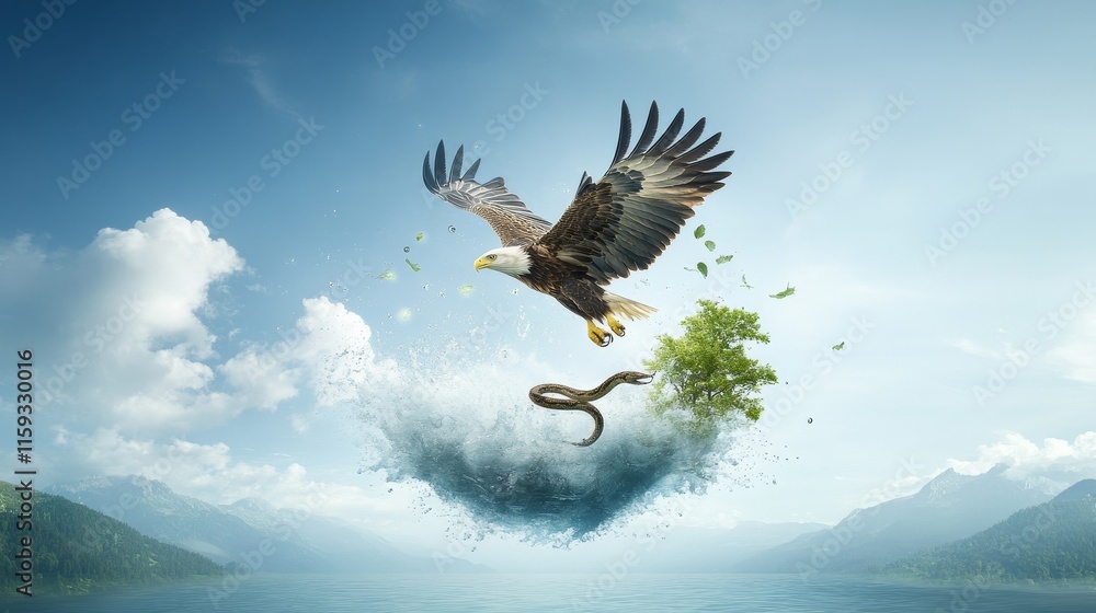 Obraz premium Majestic Eagle Soaring Above a Serpentine Form in a Magical Landscape with Water, Trees, and Sky Elements Representing Nature's Harmony and Power