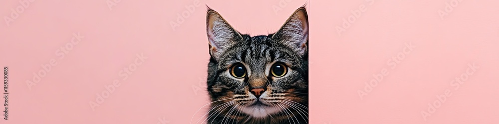 the cat cautiously peeks out from around the corner on a monochromatic background. Copy space. generative AI the cat cautiously peeks out from around the corner on a monochromatic background. Copy space. generative AI