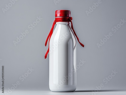 Cylindrical yogurt bottle design with red cap and tie on soft white background showcasing high detail and smooth silhouette photo