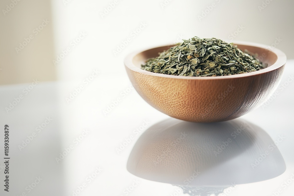 single wooden bowl filled with dried herbal leaves resting on reflective white surface under soft lighting single wooden bowl filled with dried herbal leaves resting on reflective white surface under soft lighting
