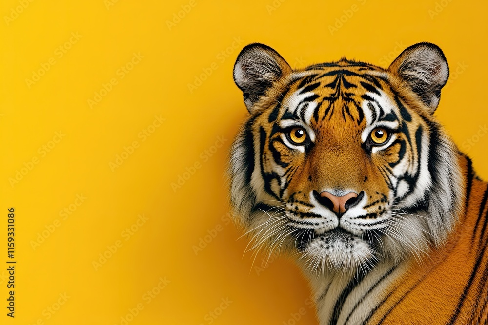 Fototapeta premium the tiger cautiously peeks out from around the corner on a colored background. Copy space. generative AI.