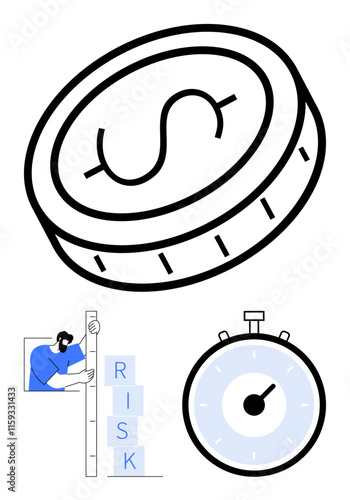 Coin with dollar symbol person measuring risk scale, stopwatch. Ideal for finance, investment, business strategy, risk management, time management, economics. Line metaphor