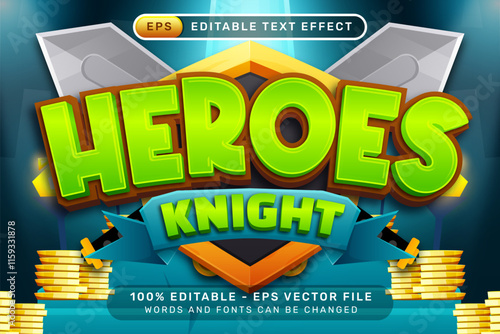 heroes knight 3d text effect with swords shield and gold treasure