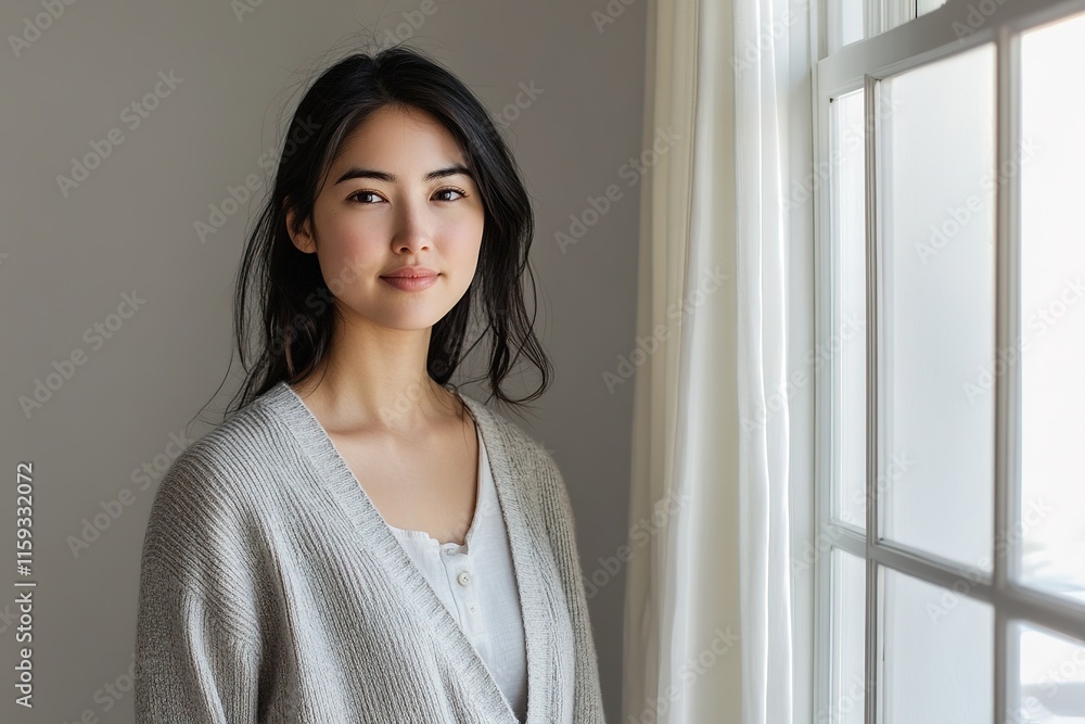 portrait of woman wearing lightweight cardigan standing by window with soft morning light streaming in portrait of woman wearing lightweight cardigan standing by window with soft morning light streaming in