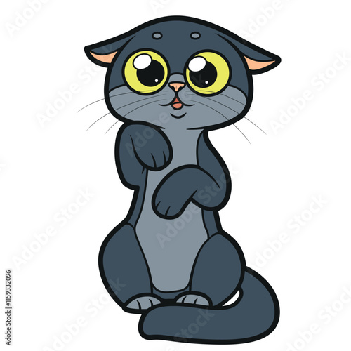 Cute cartoon kitten looks at the interlocutor on white background