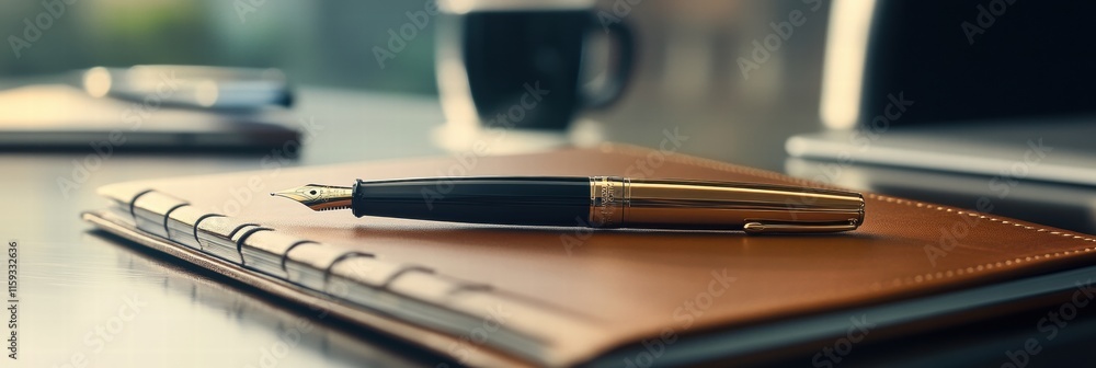 Luxury fountain pen with gold accents resting on a leather notebook in a stylish workspace during daylight. Generative AI Luxury fountain pen with gold accents resting on a leather notebook in a stylish workspace during daylight. Generative AI