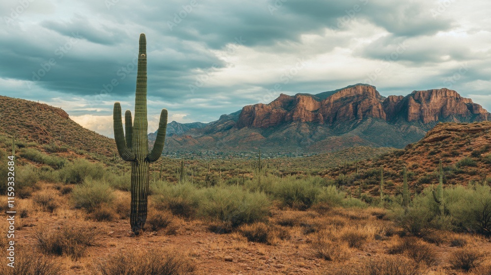 Overcast Desert Scene with Cactus and Mountains Overcast Desert Scene with Cactus and Mountains